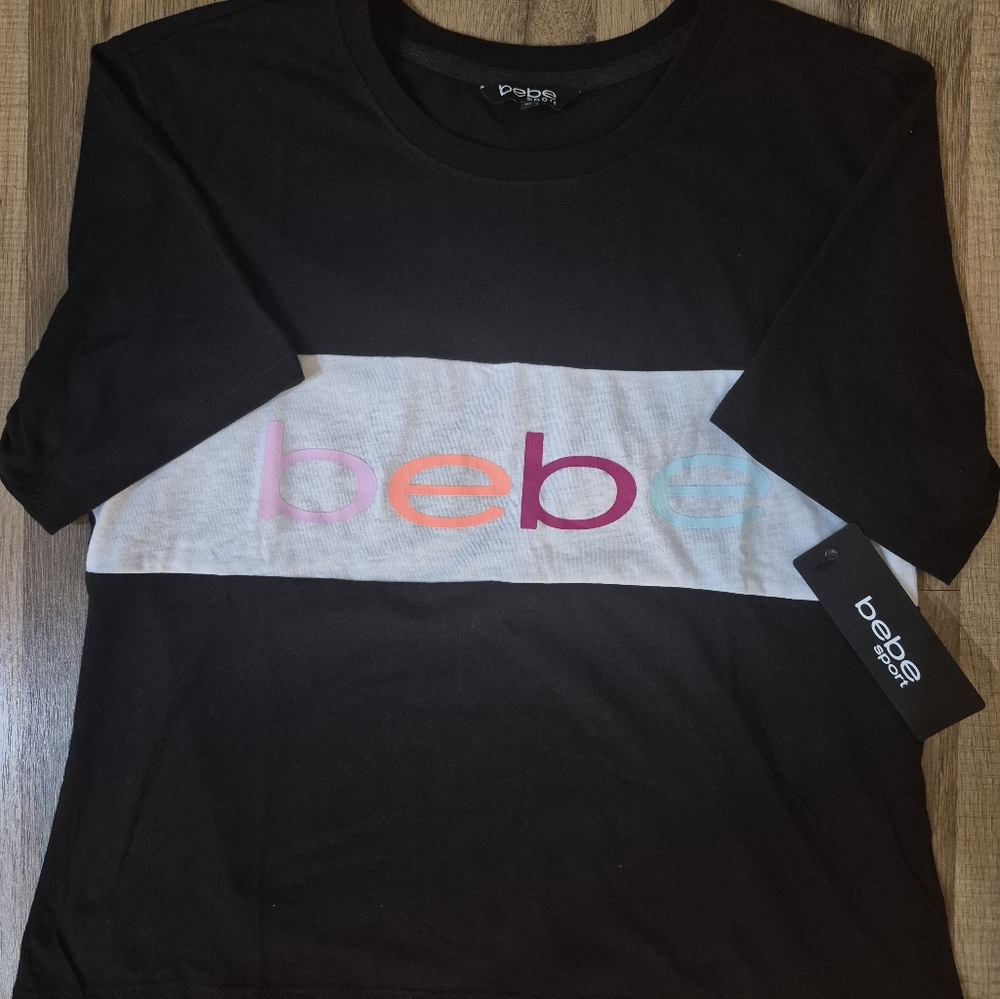 bebe Black Tee with Multicolor Logo. NWT!
